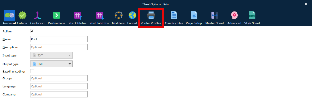 The Printer Profiles tab of the Sheet Options window.